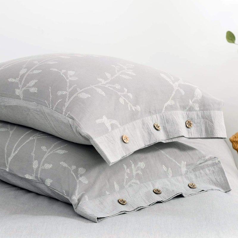 OREISE Duvet Cover Set King Size Washed Cotton Yarn, Jacquard Gray and White Thick Branch Pattern Floral Style 3Piece Bedding Set - Image 4